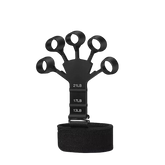 Black finger exerciser with weight markings on a white background